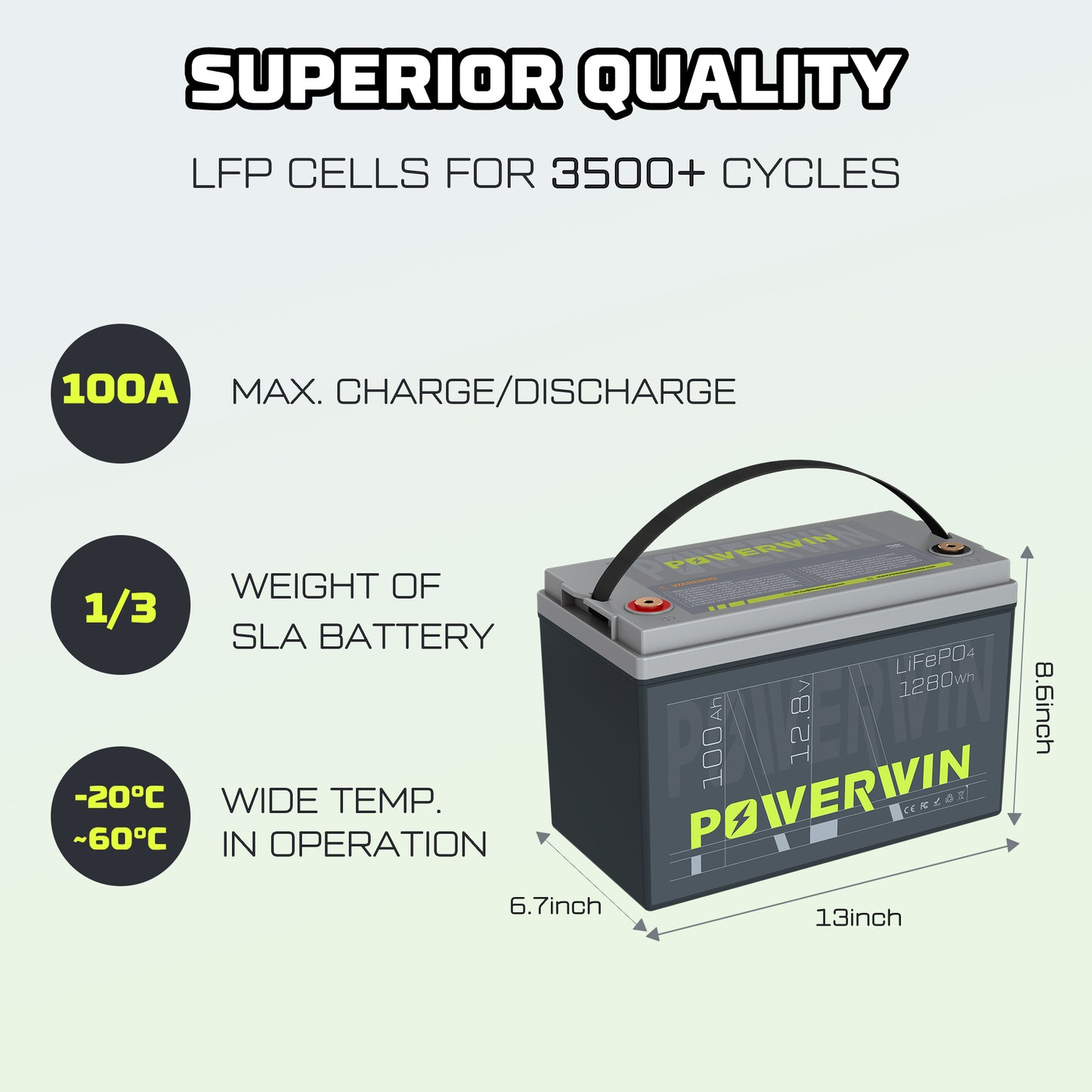 US POWERWIN LiFePO4 Battery 12.8V 100Ah 1280Wh LiFePO4 Battery